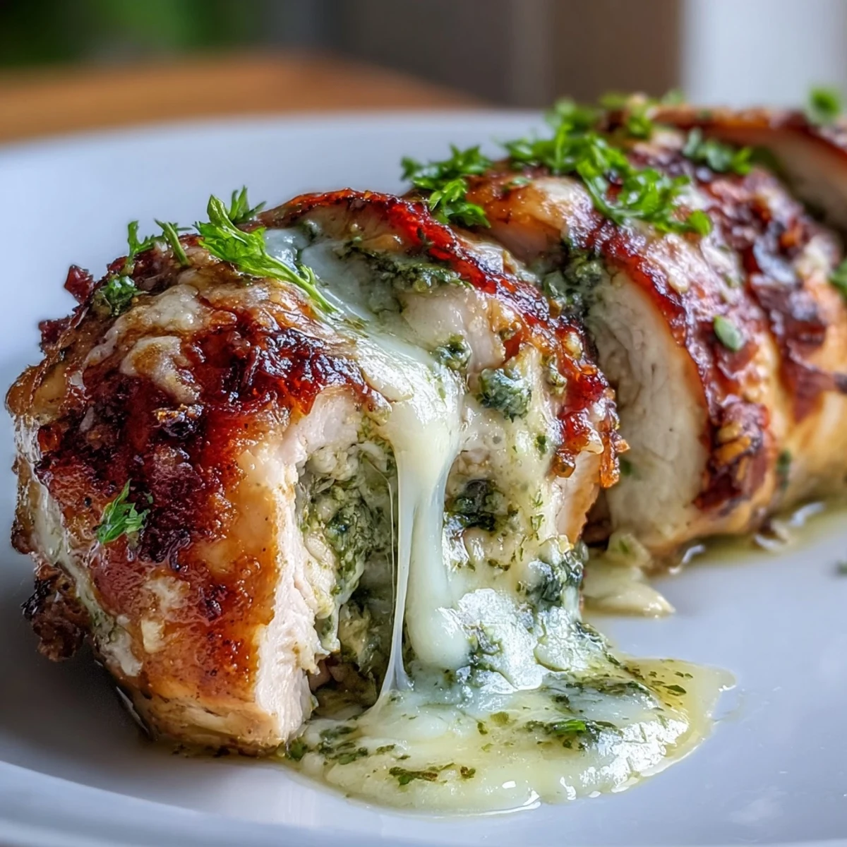 Golden-baked Mozzarella & Pesto Stuffed Chicken with melted cheese oozing.