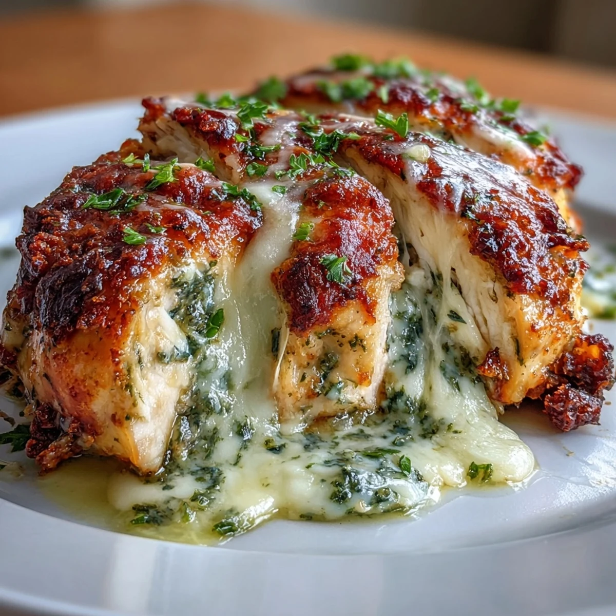 Juicy Mozzarella & Pesto Stuffed Chicken baked until golden brown, ready to slice.