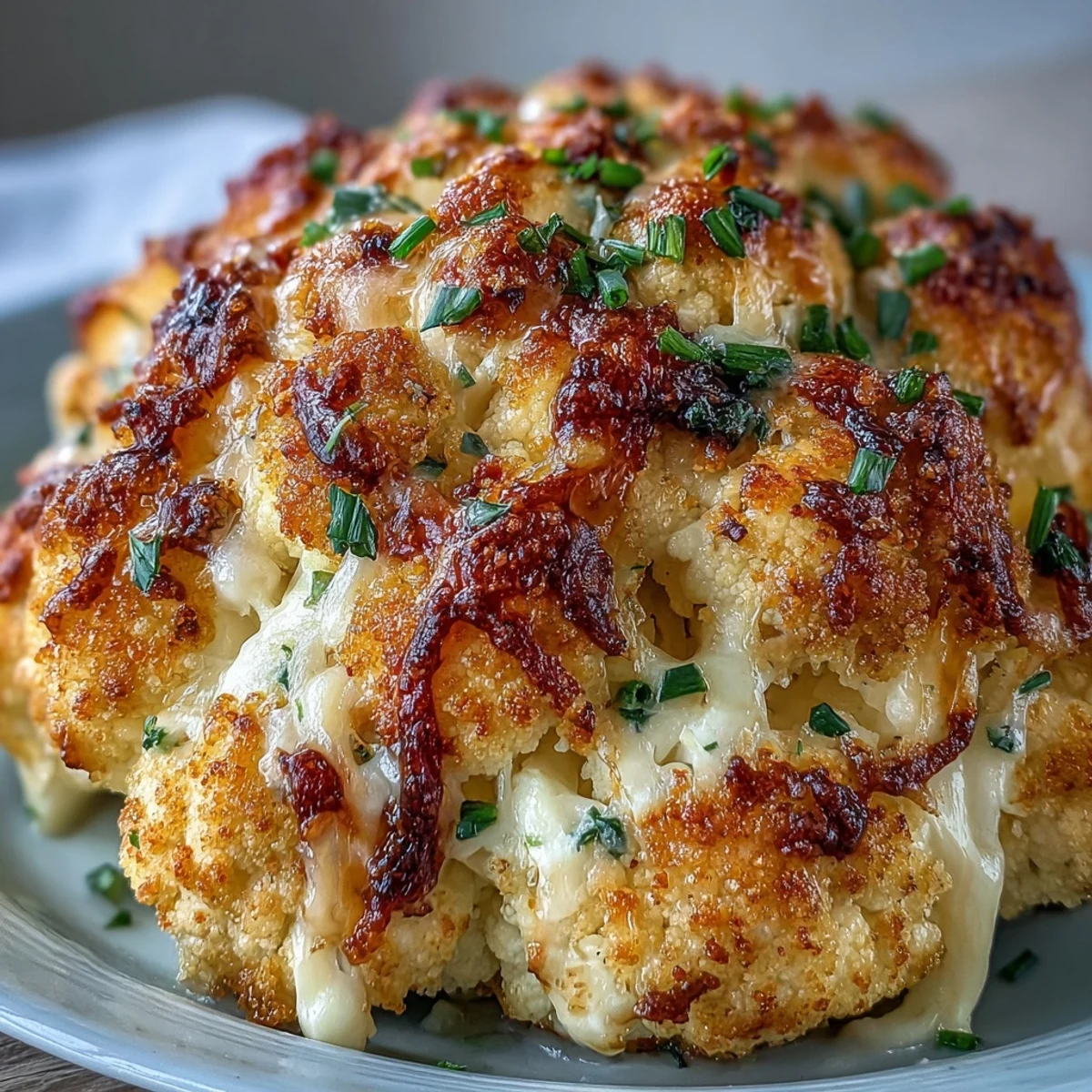 Golden Cheesy Stuffed Cauliflower Head with bubbling cheddar topping.