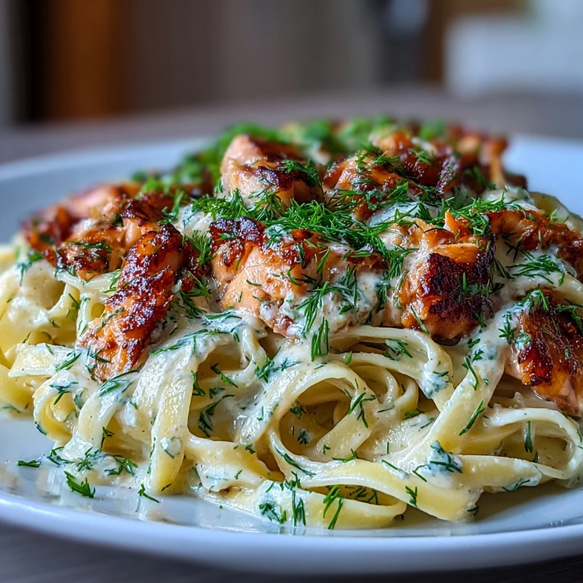 Golden pasta topped with flaked salmon, creating The Best Creamy Salmon Pasta.