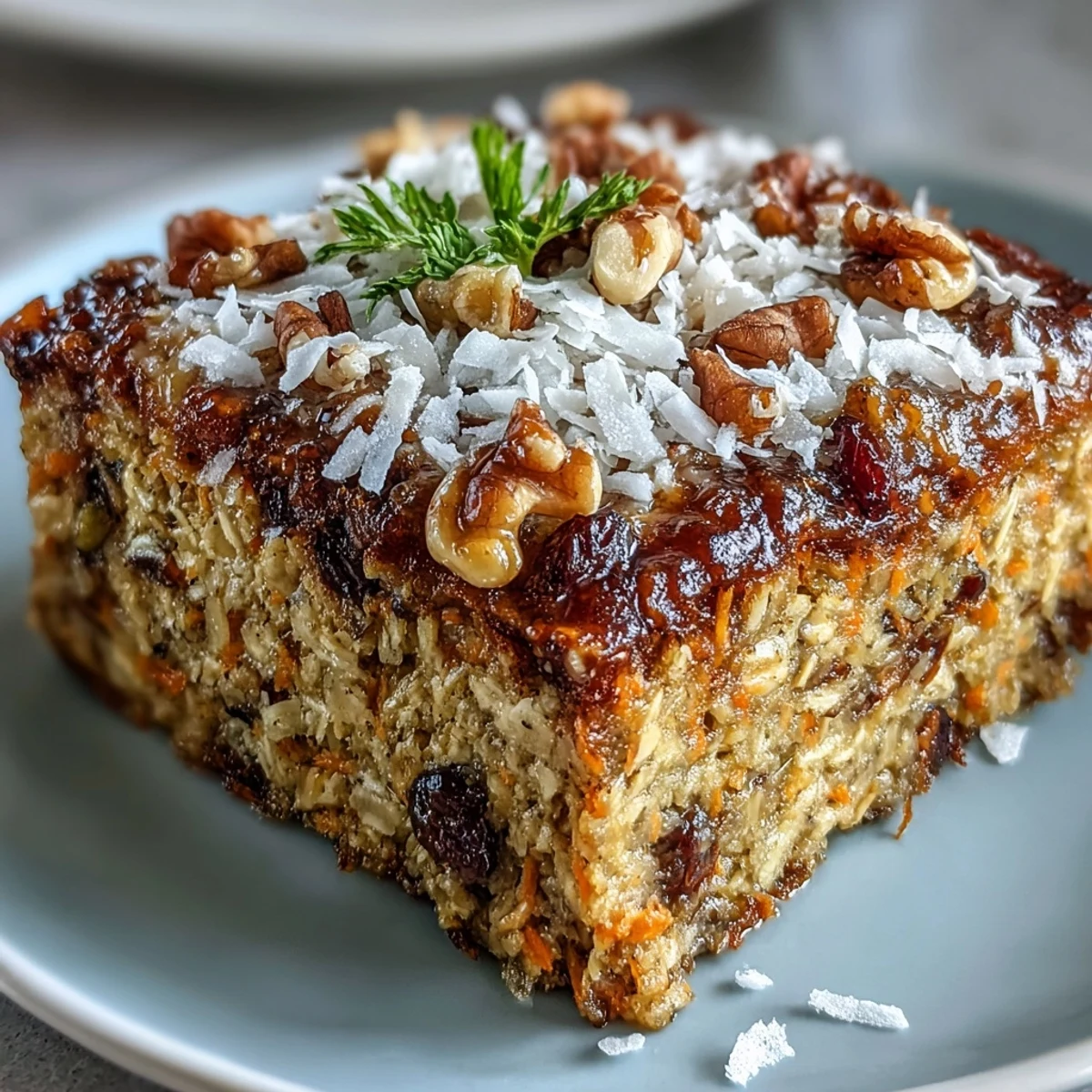 Golden Carrot Cake Baked Oatmeal with raisins, a hearty, cinnamon-spiced breakfast bake.