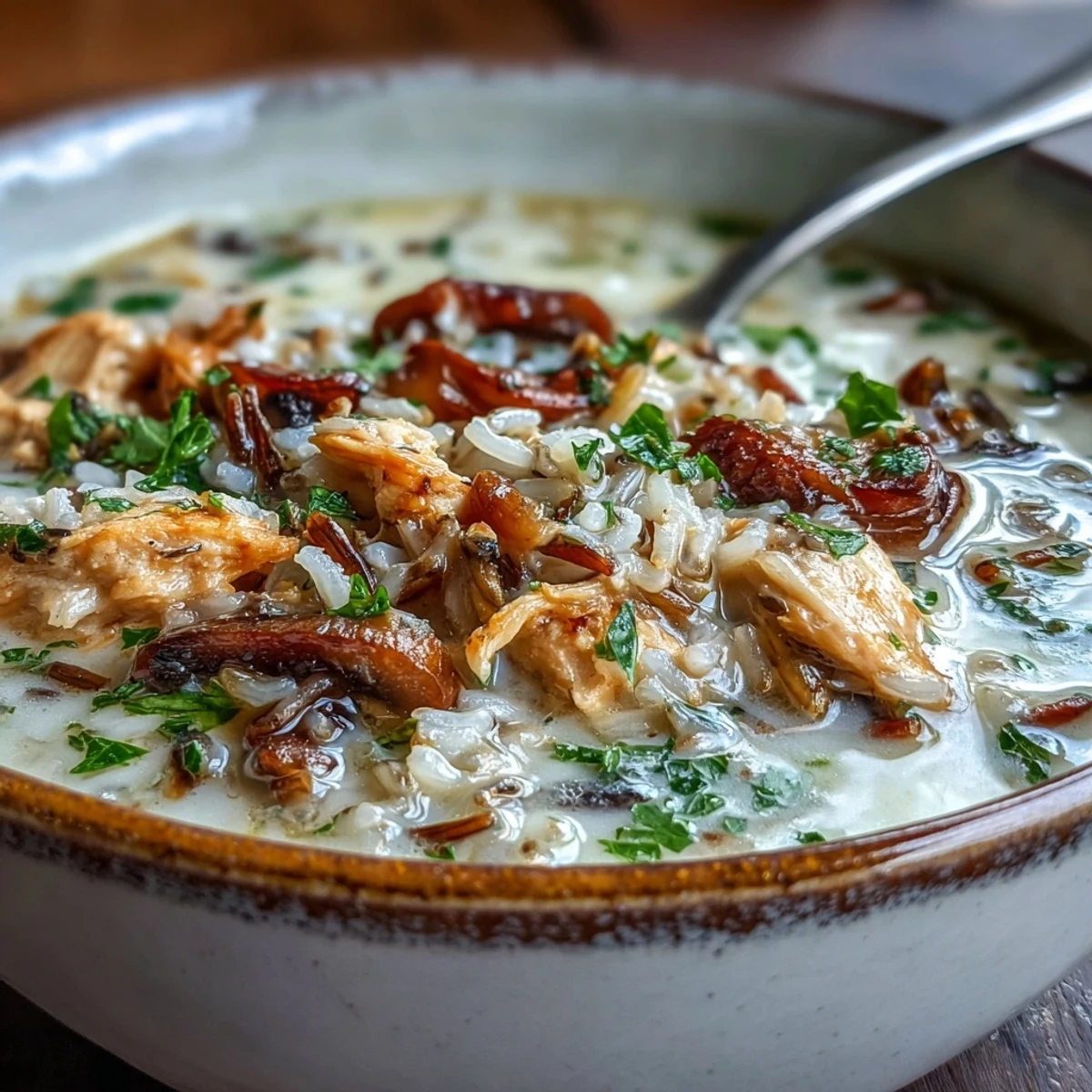 Creamy Parmesan Mushroom Chicken and Wild Rice Soup bubbling in a bowl.