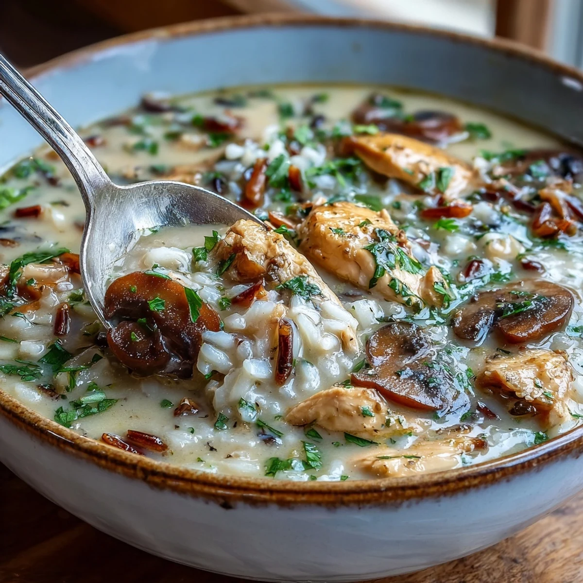 Savory Parmesan Mushroom Chicken Wild Rice Soup, a comforting bowl for dinner.