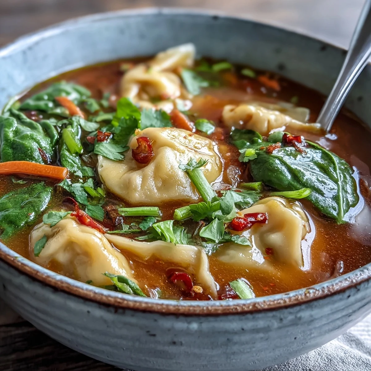 Flavorful Red Curry Wonton Soup bowl brimming with garnishes.