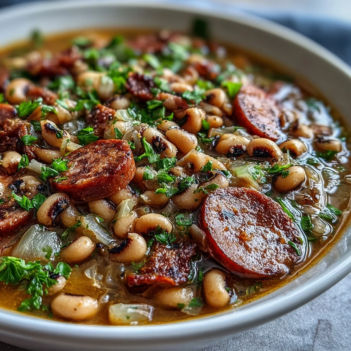 Hearty Southern-Style Black-Eyed Peas simmered with smoky sausage and vegetables.