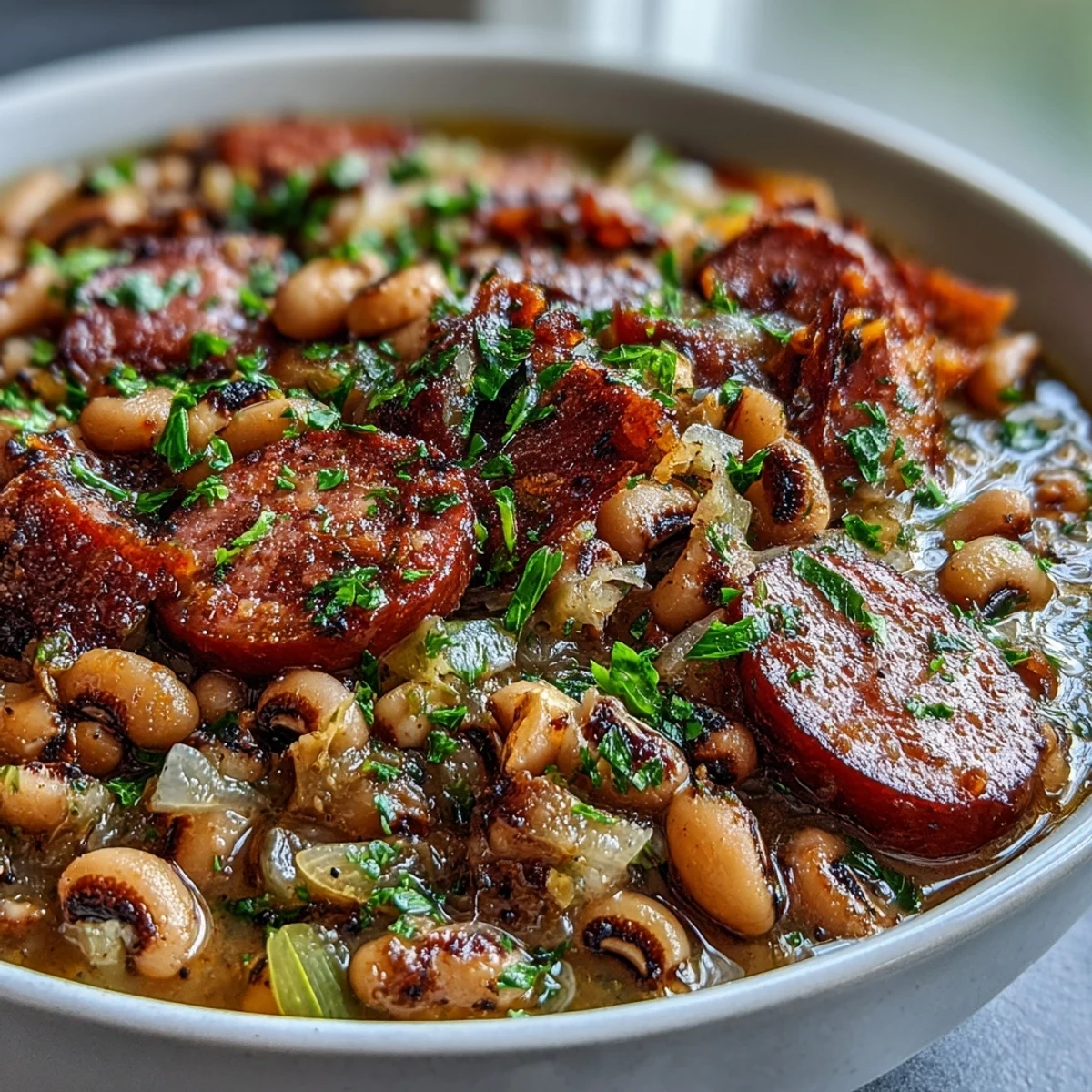 Comforting bowl of Southern-Style Black-Eyed Peas topped with fresh parsley.