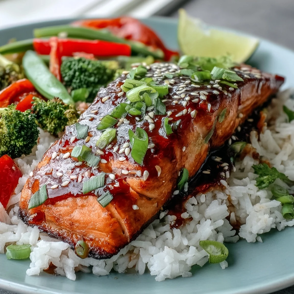 Maple Soy Glazed Salmon glistening with sweet-savory sauce and fresh vegetables.