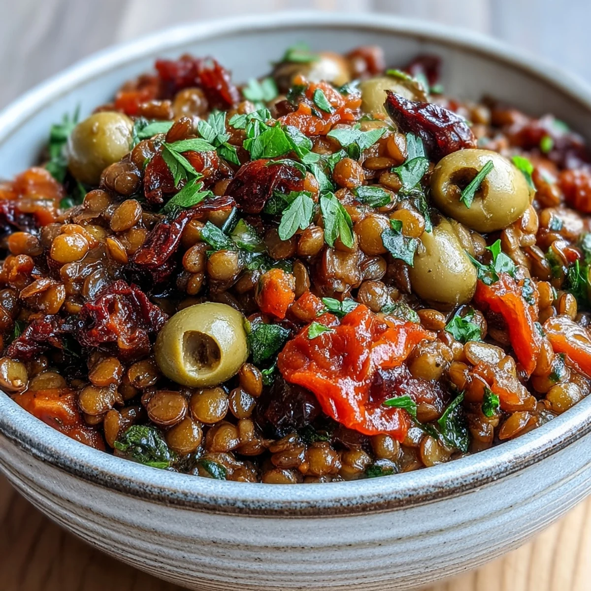 Hearty Cuban-Inspired Lentil Picadillo with olives, raisins, and fresh cilantro garnish.