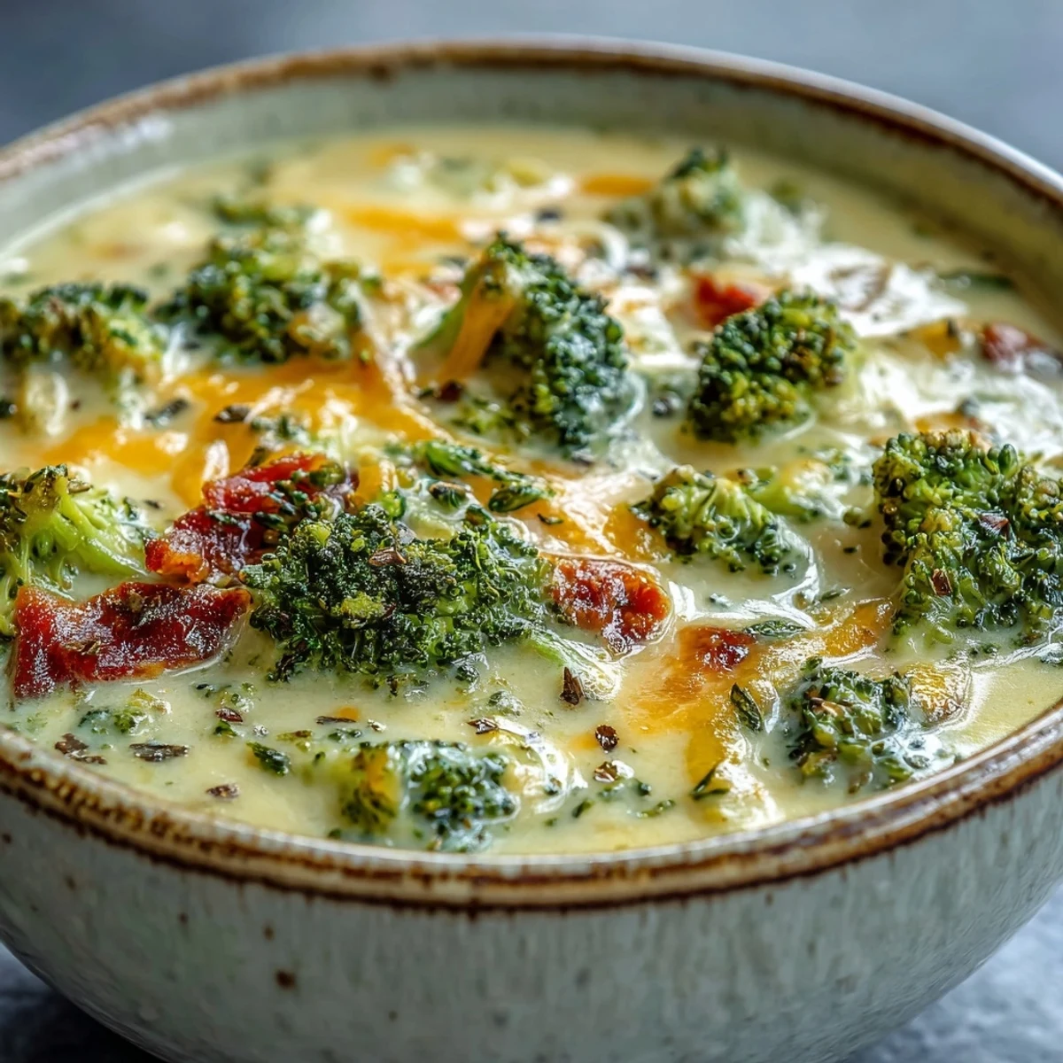 Roasted Broccoli Cheddar Soup simmering in a pot with a ladle ready to serve.
