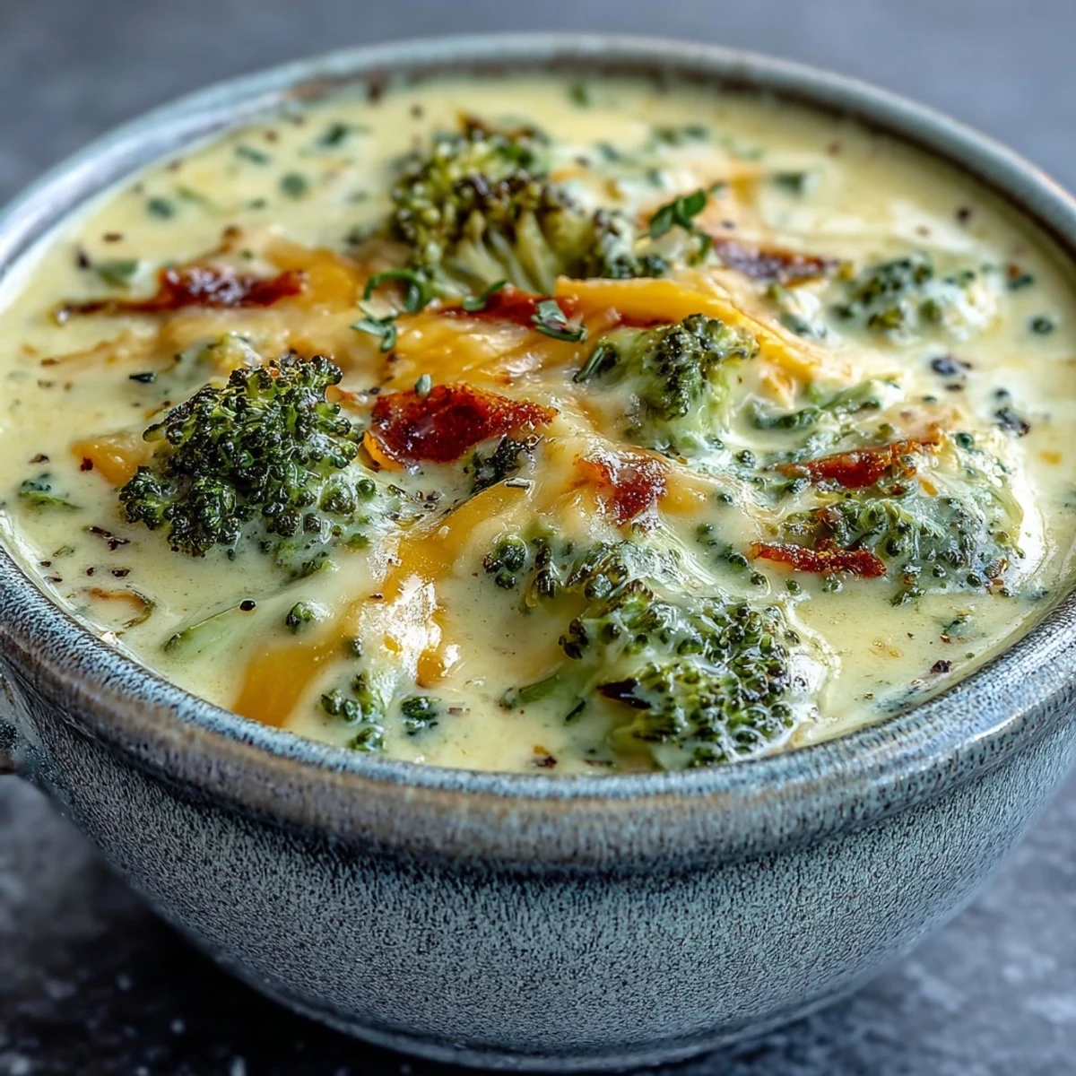 A bowl of Roasted Broccoli Cheddar Soup topped with extra cheese and herbs.