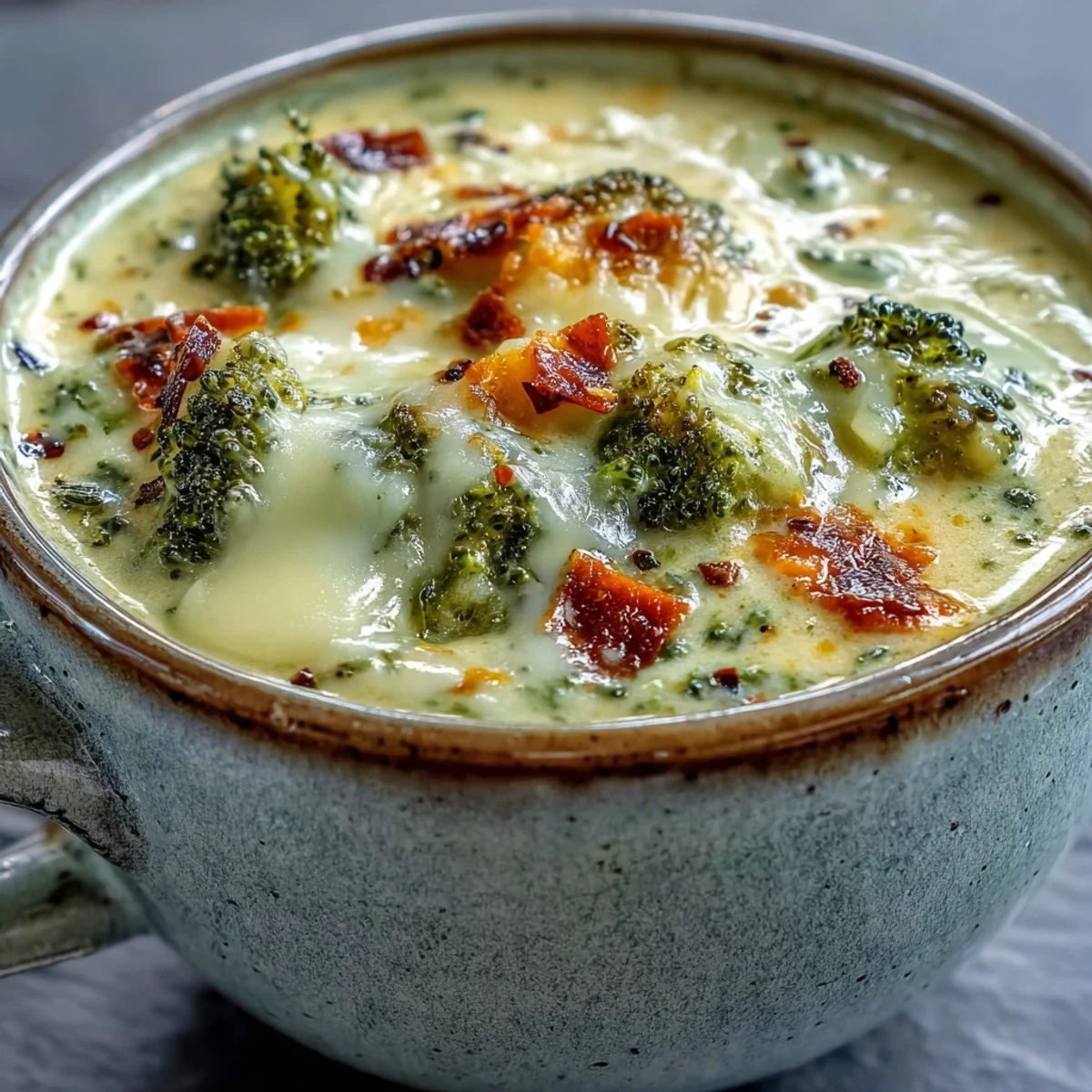 Roasted Broccoli Cheddar Soup in a rustic bowl beside crusty bread for dipping.