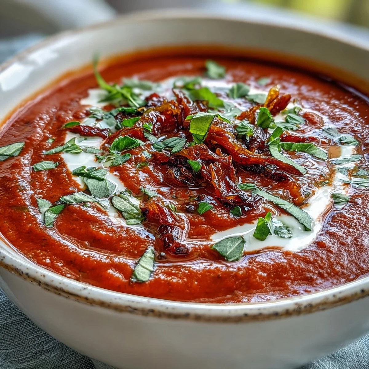 A steaming bowl of rich red Roasted Tomato Basil Soup topped with fresh basil and a drizzle of cream.