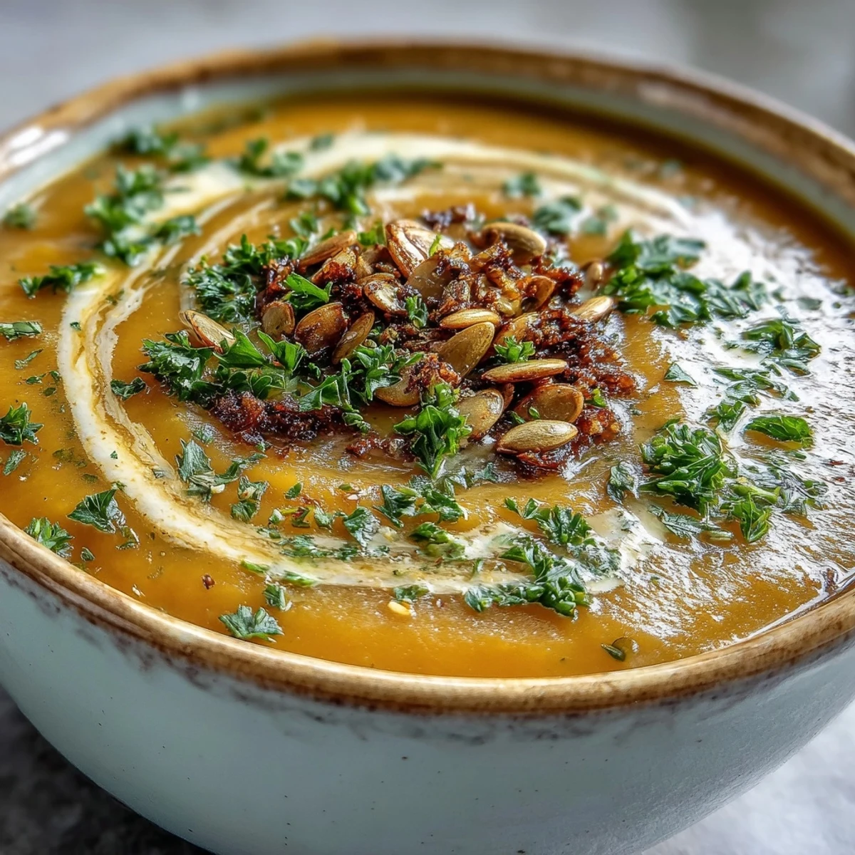 A spoon dips into velvety roasted broccoli and butternut squash soup, showcasing a rich, golden texture.
