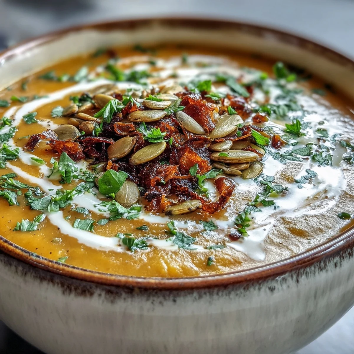 A warm bowl of roasted broccoli and butternut squash soup served beside gluten-free bread for dipping.