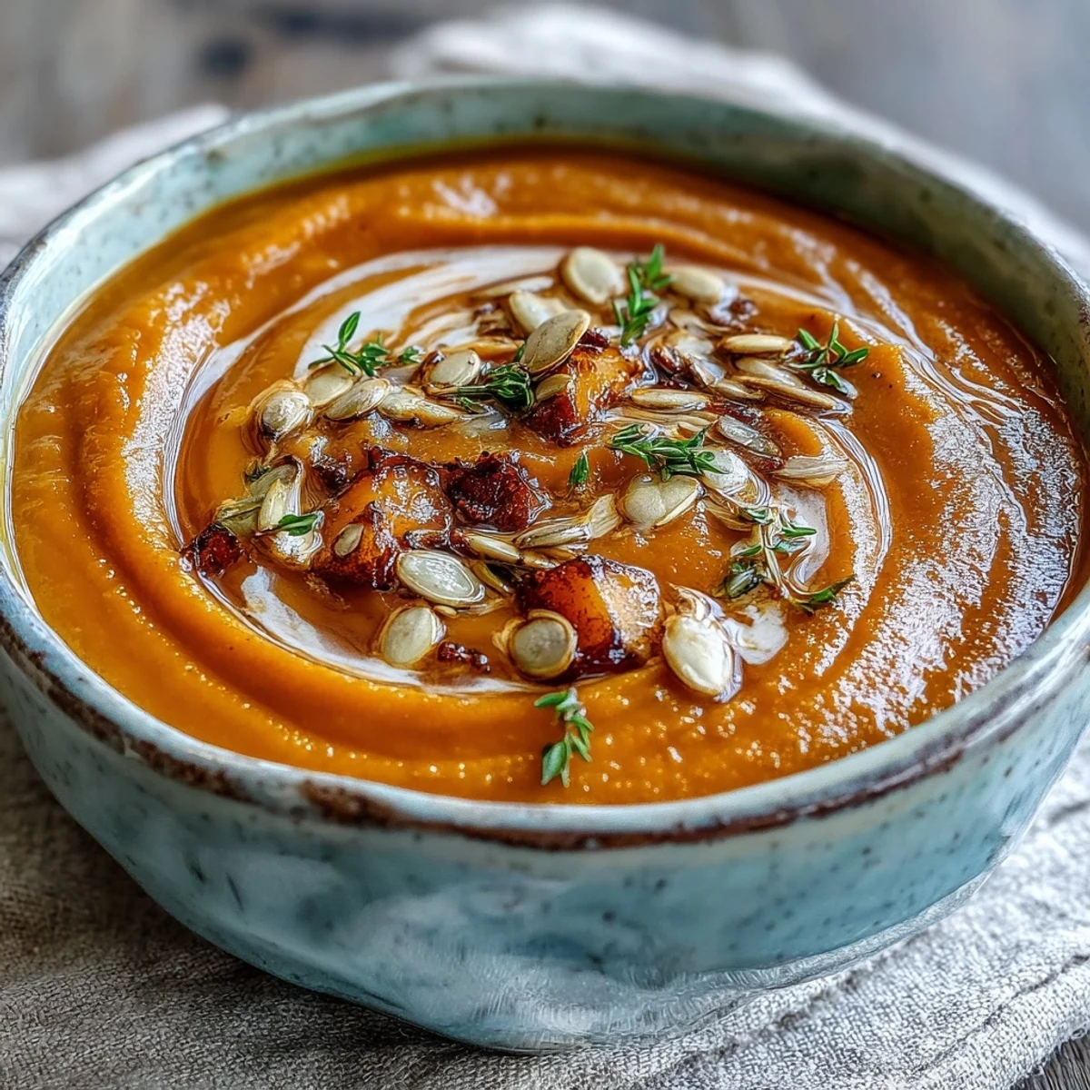 Steaming bowl of Easy Roasted Butternut Squash Soup garnished with thyme and pumpkin seeds.