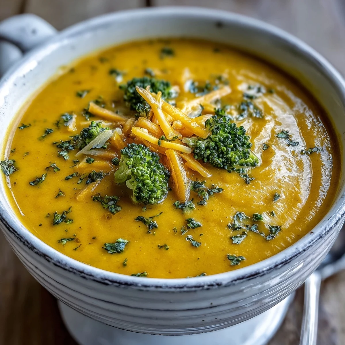Creamy butternut squash broccoli cheddar soup garnished with fresh herbs.