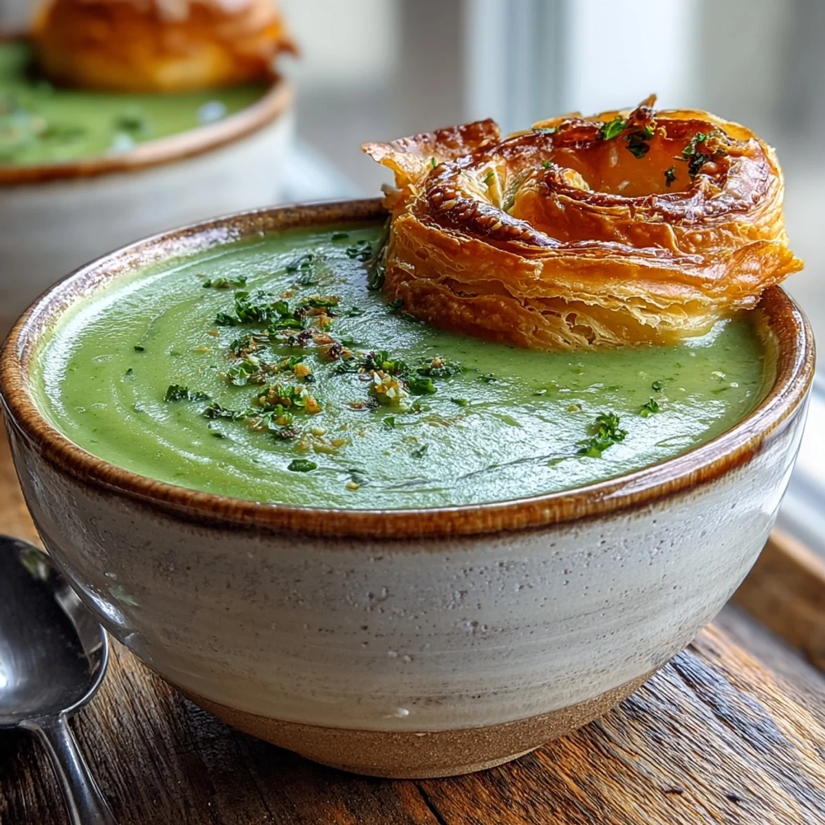 Steaming bowls of Creamy Broccoli and Butternut Squash Soup With Pastries topped with golden brie and cheddar puff pastry.