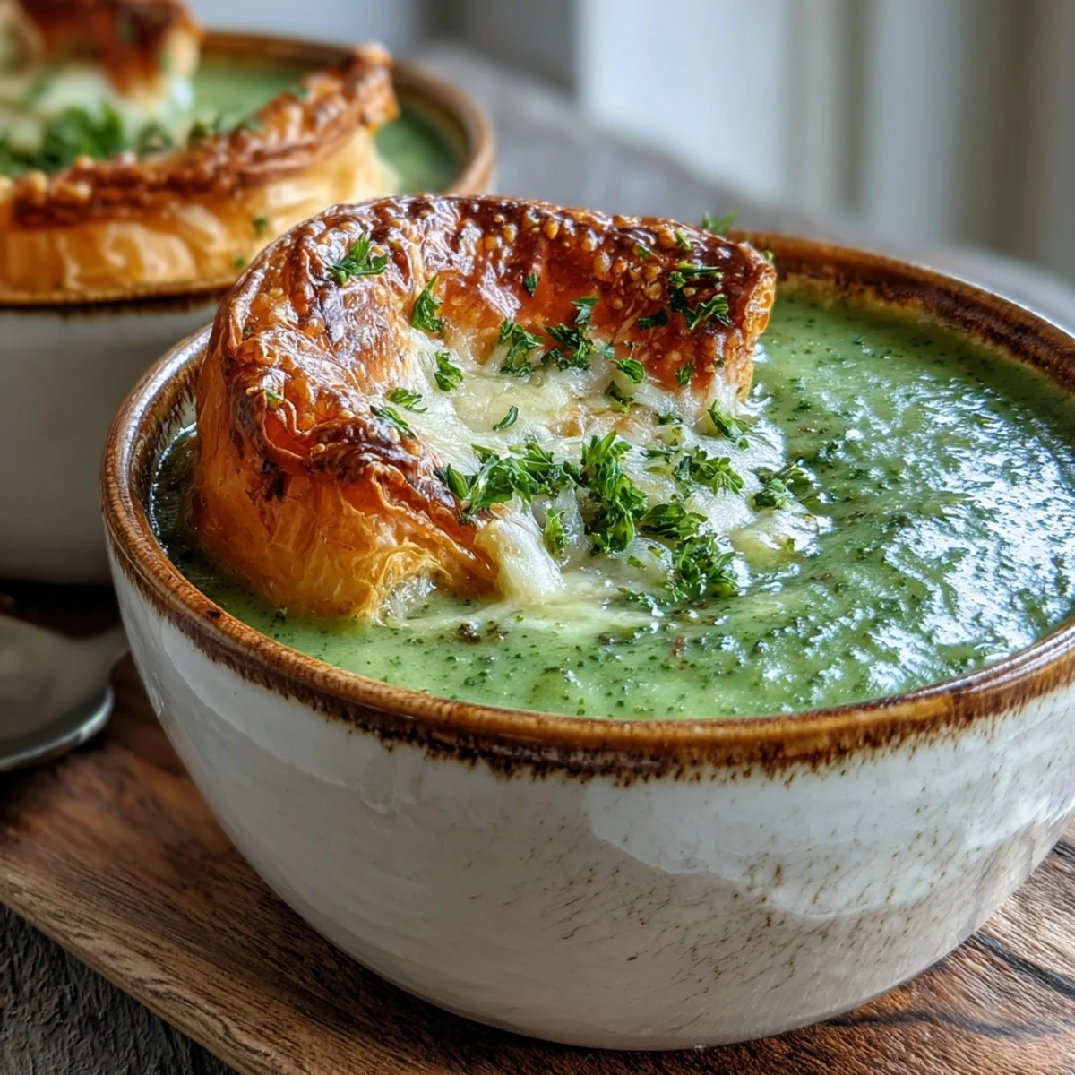 Vibrant green soup and golden Creamy Broccoli and Butternut Squash Soup With Pastries on a rustic table, ready to serve.