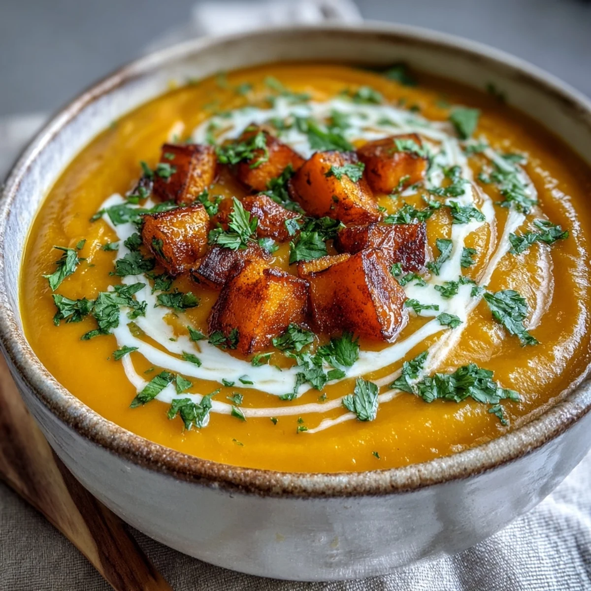 Golden roasted butternut squash and lentil soup is ladled into a rustic bowl, topped with fresh cilantro and a swirl of coconut cream.
