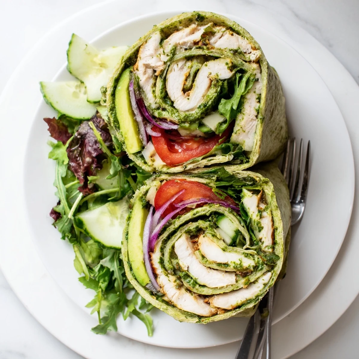 Grilled chimichurri chicken salad wrap on a wooden board, stuffed with crisp greens, cucumber, tomato, and creamy avocado slices.