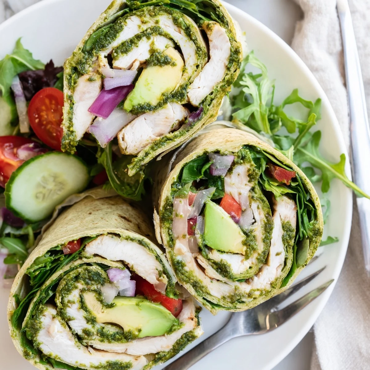 Fresh chimichurri chicken wrap cut in half to show vibrant herbs, juicy meat, and colorful vegetables inside warm tortilla.