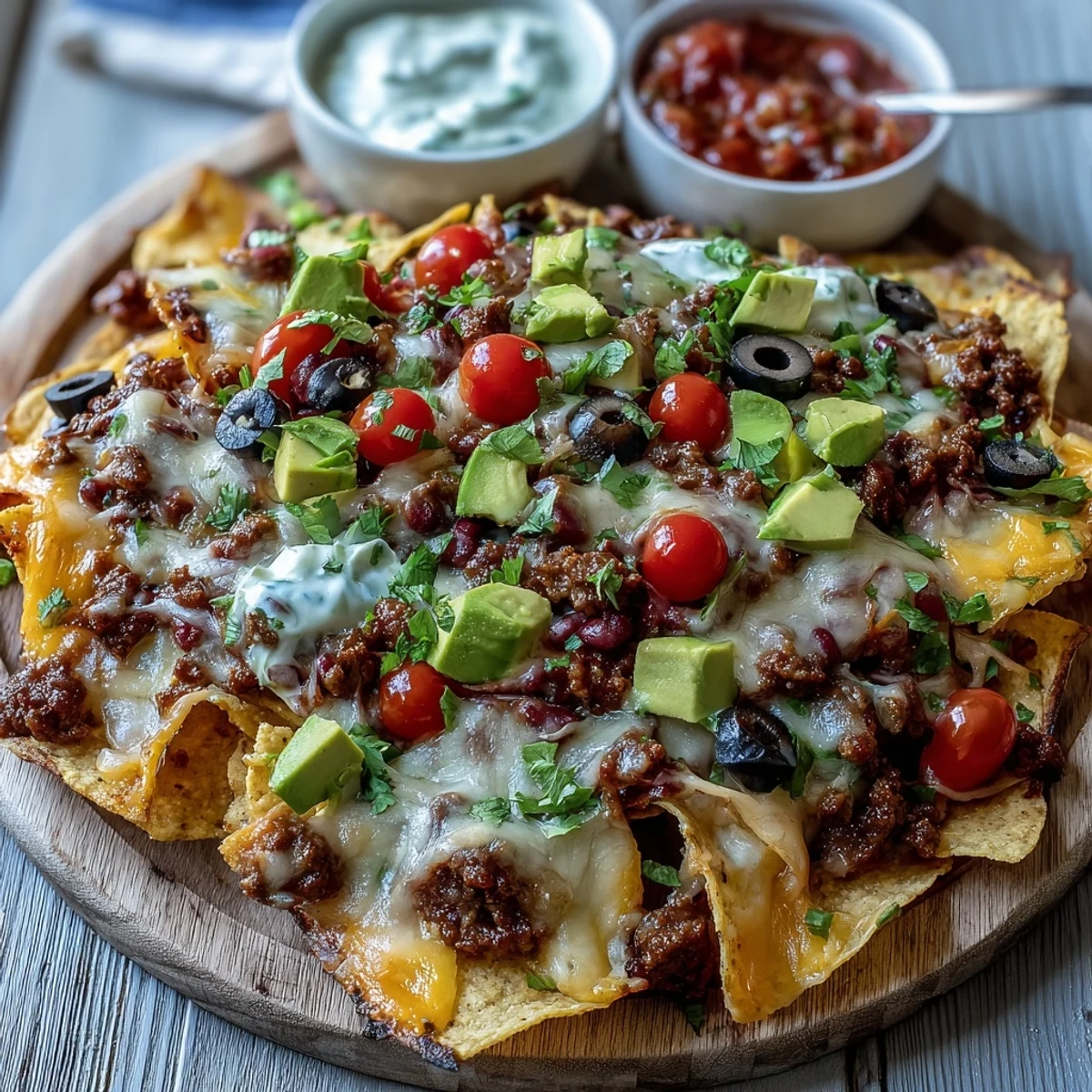 Hot Baked Nachos layered with crispy tortilla chips, savory ground beef, and colorful toppings like black beans and cherry tomatoes.