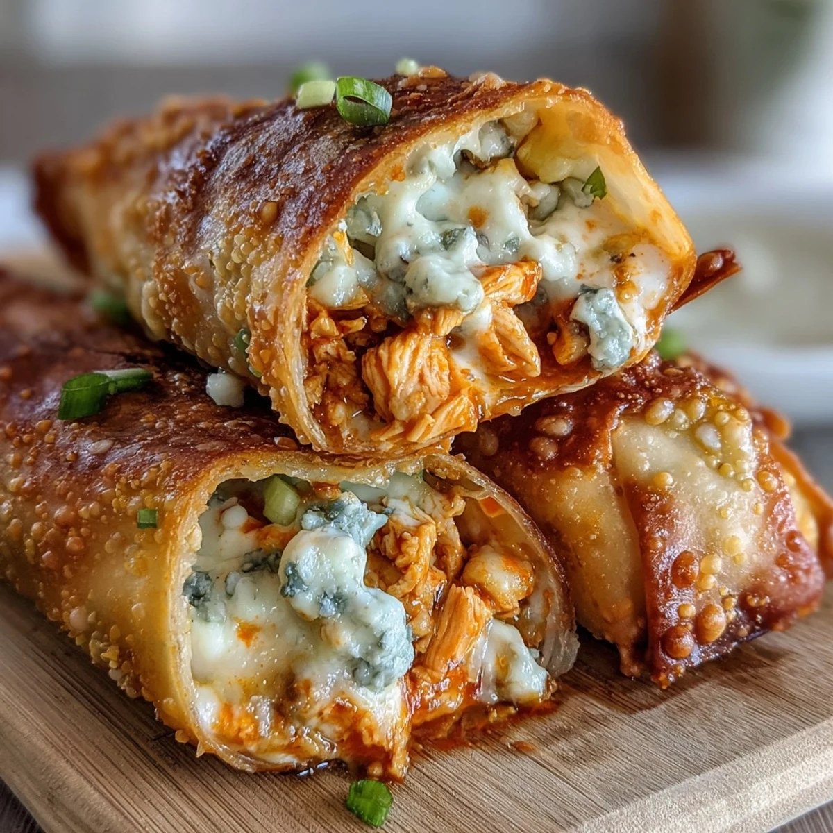 Sizzling hot Buffalo Chicken Egg Rolls just out of the fryer, revealing a steamy, spicy chicken and melted cheese filling. 