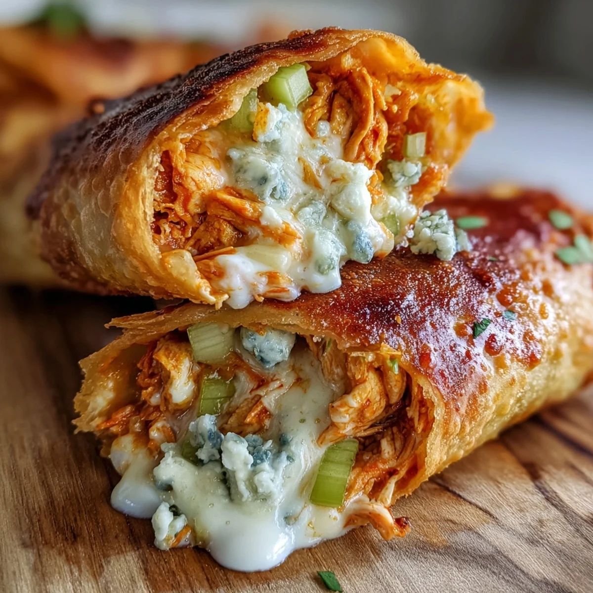 Platter of appetizing Buffalo Chicken Egg Rolls with a side of blue cheese dressing, perfect for a game day snack.