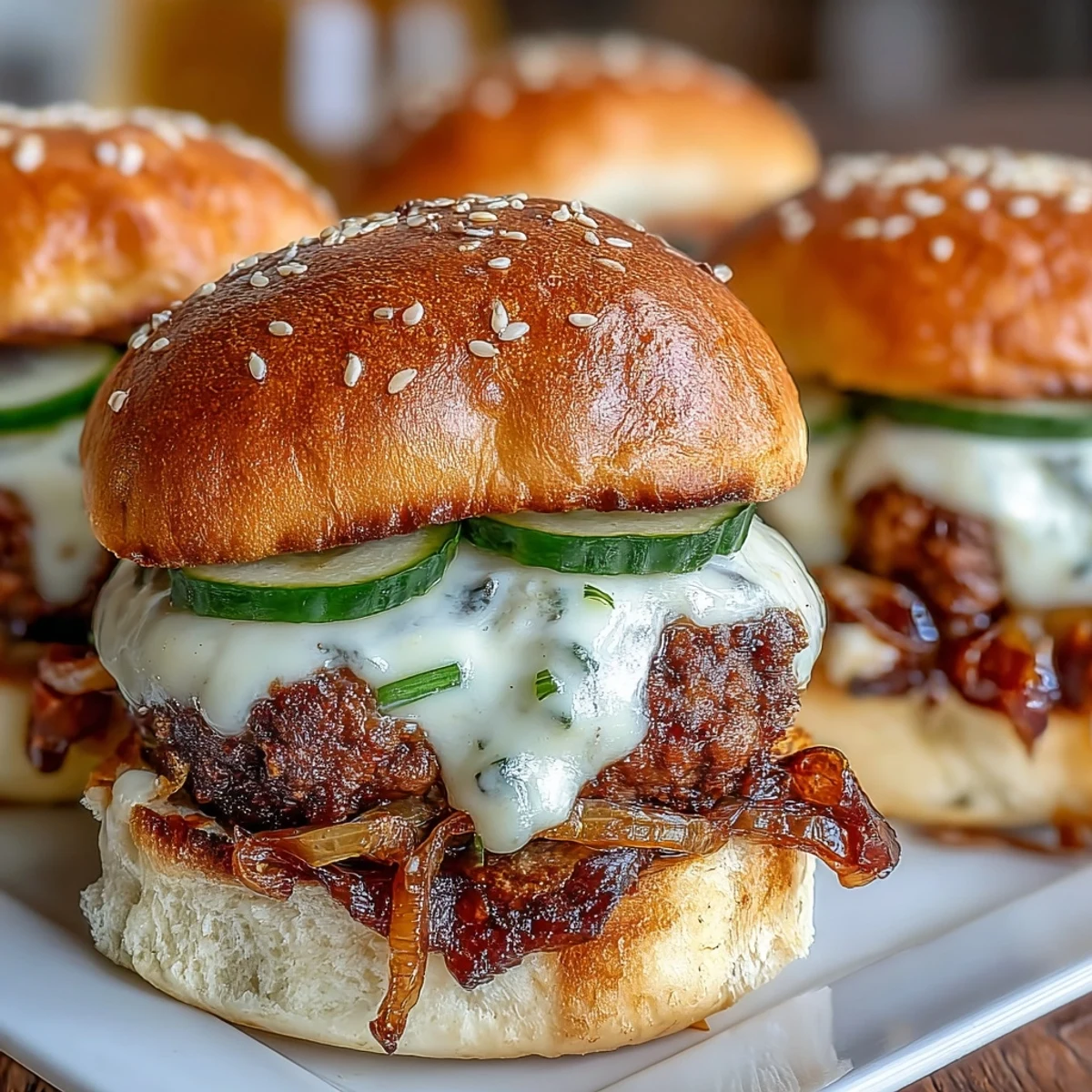 Golden-brown Touchdown Brat Sliders with beer cheese sauce, caramelized onions, and pickles on toasted buns.