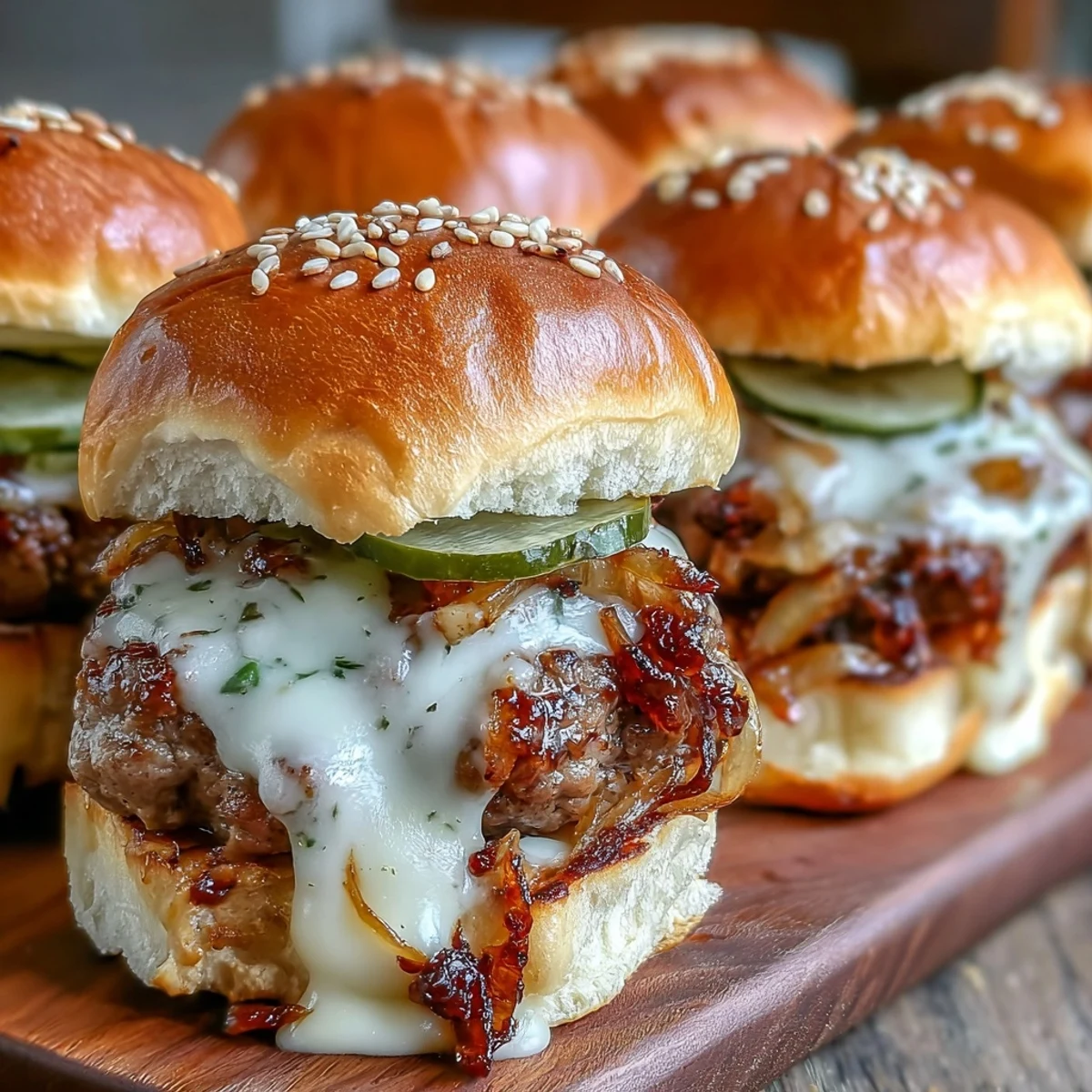 Freshly baked Touchdown Brat Sliders overflowing with melted cheese, juicy bratwurst patties, and tangy pickles.