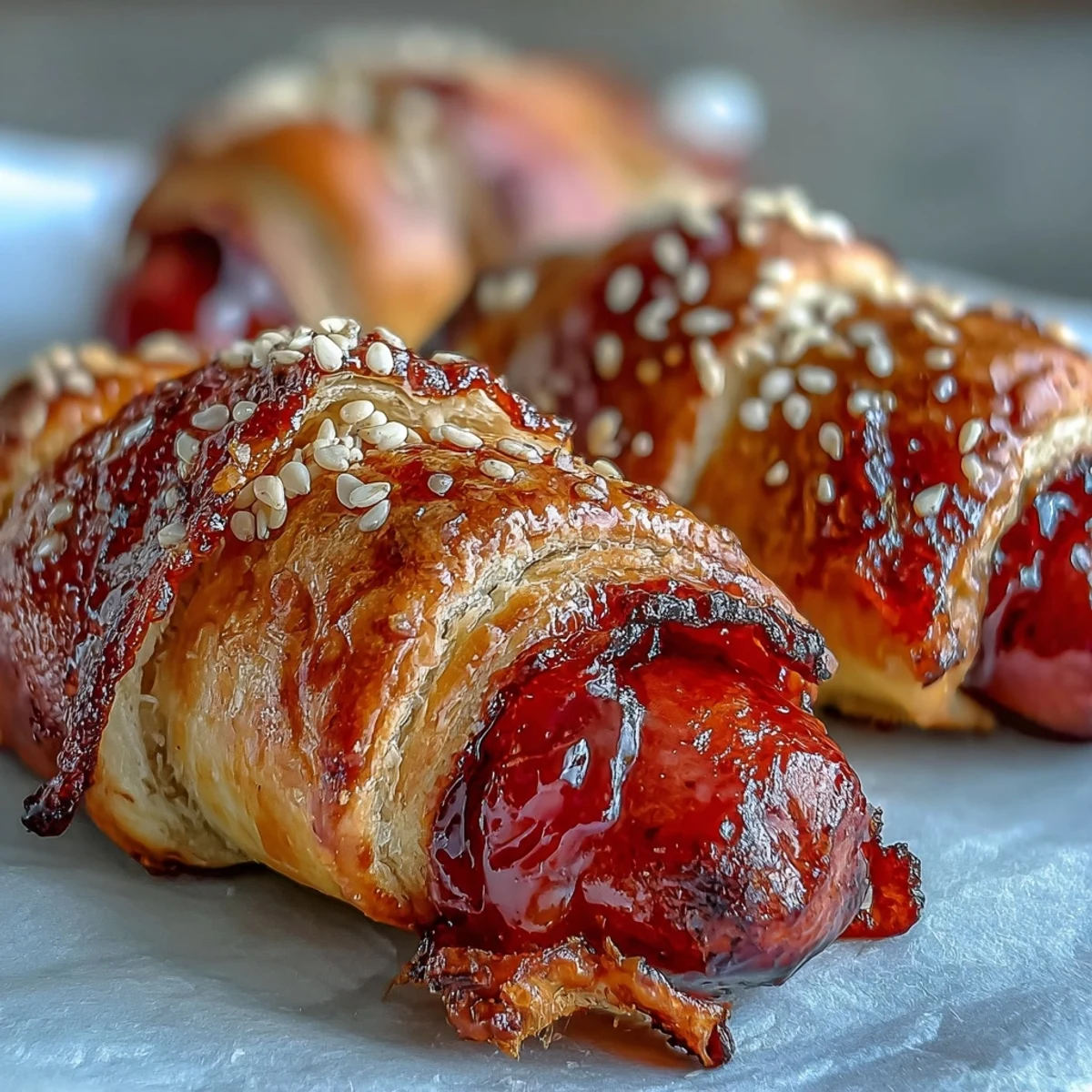 Golden-brown Pepper Jelly Hogs in a Blanket, fresh from the oven with a shiny glaze.