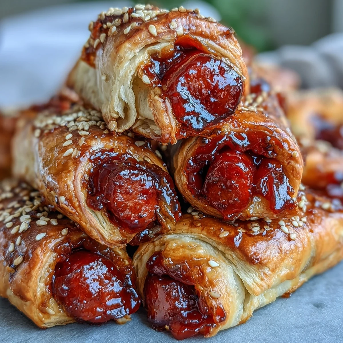 Buttery pastry-wrapped sausages glazed with red pepper jelly, perfect for a party appetizer.
