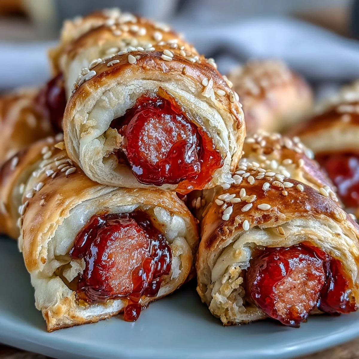 Pepper Jelly Hogs in a Blanket are arranged on a white plate, garnished with fresh chives.