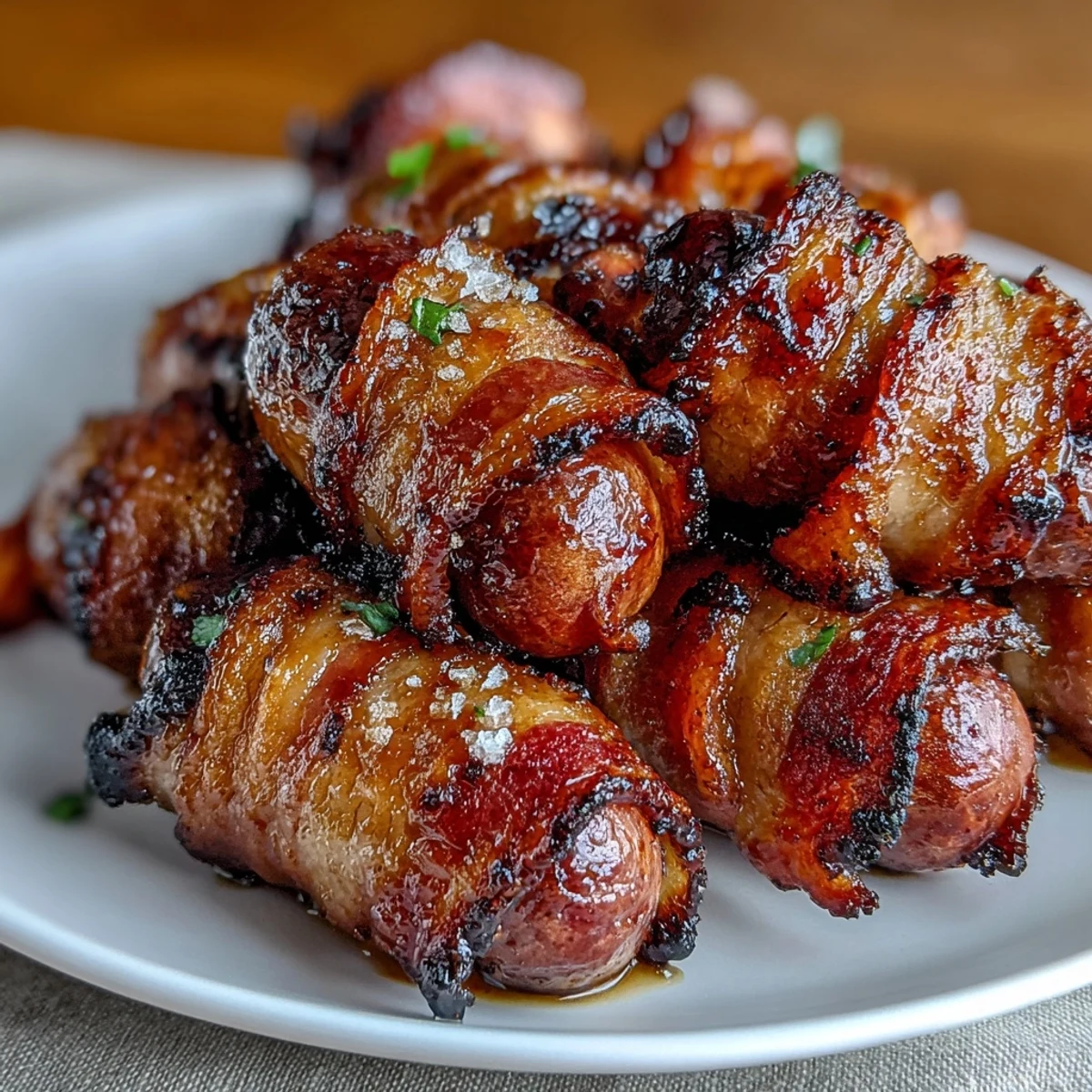 Savory Bacon-Wrapped Smokies arranged on a baking sheet, showcasing their bubbly brown sugar coating and irresistible smoky aroma ready for a party.