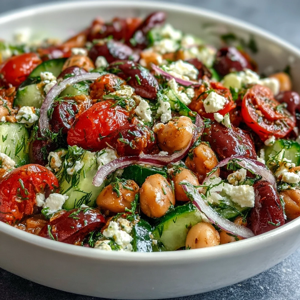 A bowl of Greek Bean Salad with Lemon Marinated Beans features crisp cucumbers, cherry tomatoes, and a zesty lemon dressing.
