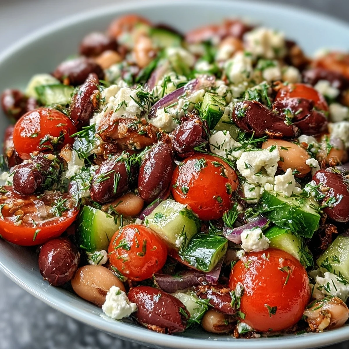 Greek Bean Salad with Lemon Marinated Beans is plated with crumbled feta, olives, and fresh herbs, perfect for a sunny lunch.