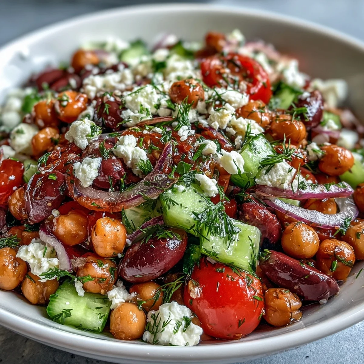 Bright Mediterranean Greek Bean Salad with Lemon Marinated Beans topped with feta and parsley served alongside grilled chicken for dinner.