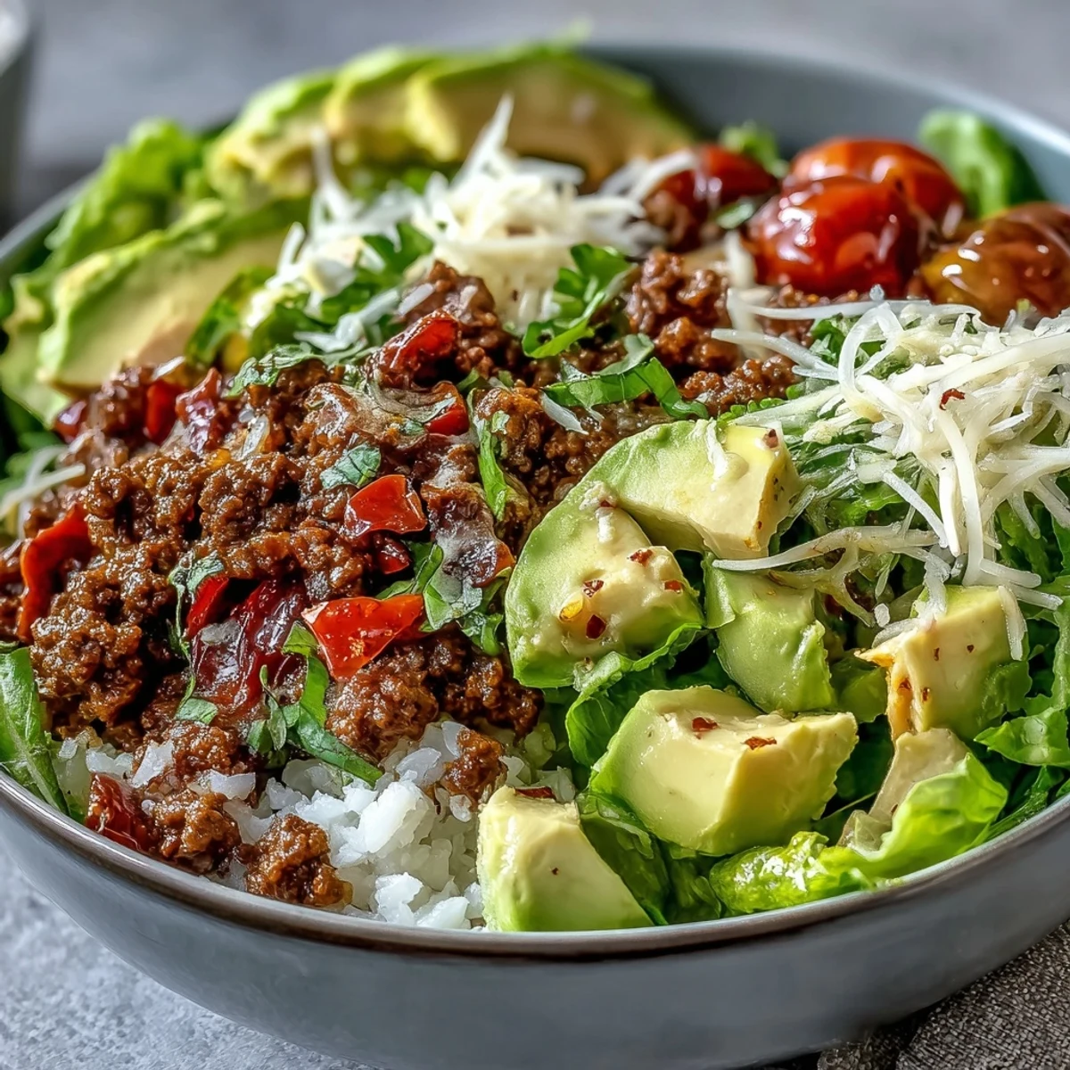 A deconstructed Low Carb Burrito Bowl features seasoned ground beef, fluffy cauliflower rice, crisp romaine, and creamy avocado with a lime wedge.