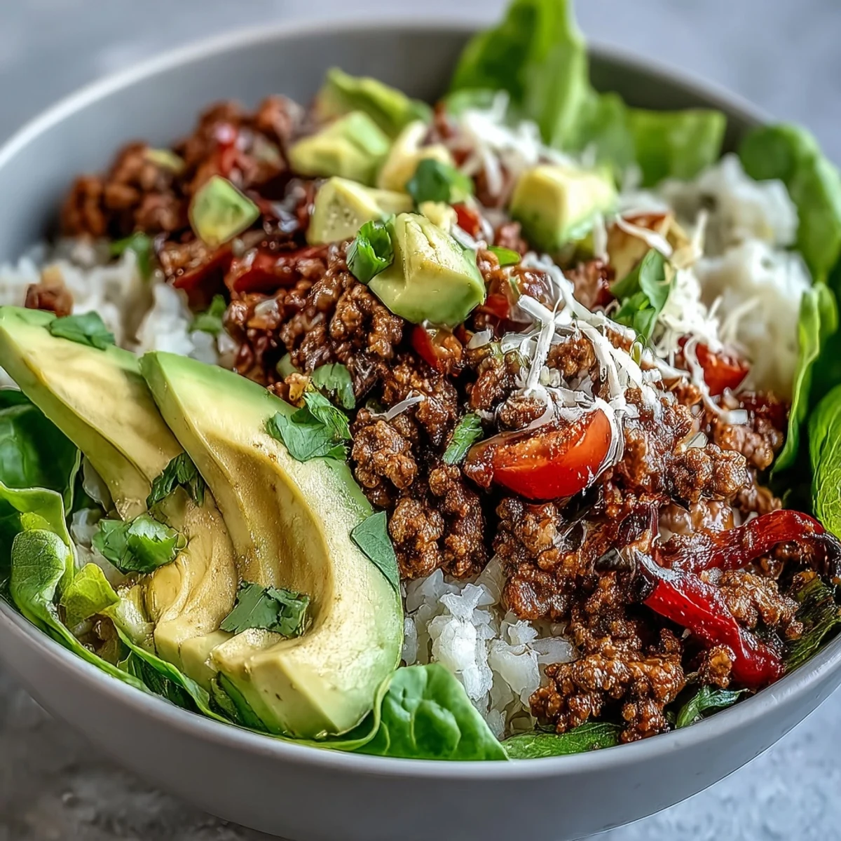 Hearty Low Carb Burrito Bowl layers spiced meat over cauliflower rice, garnished with cherry tomatoes, diced avocado, and zesty lime for serving.