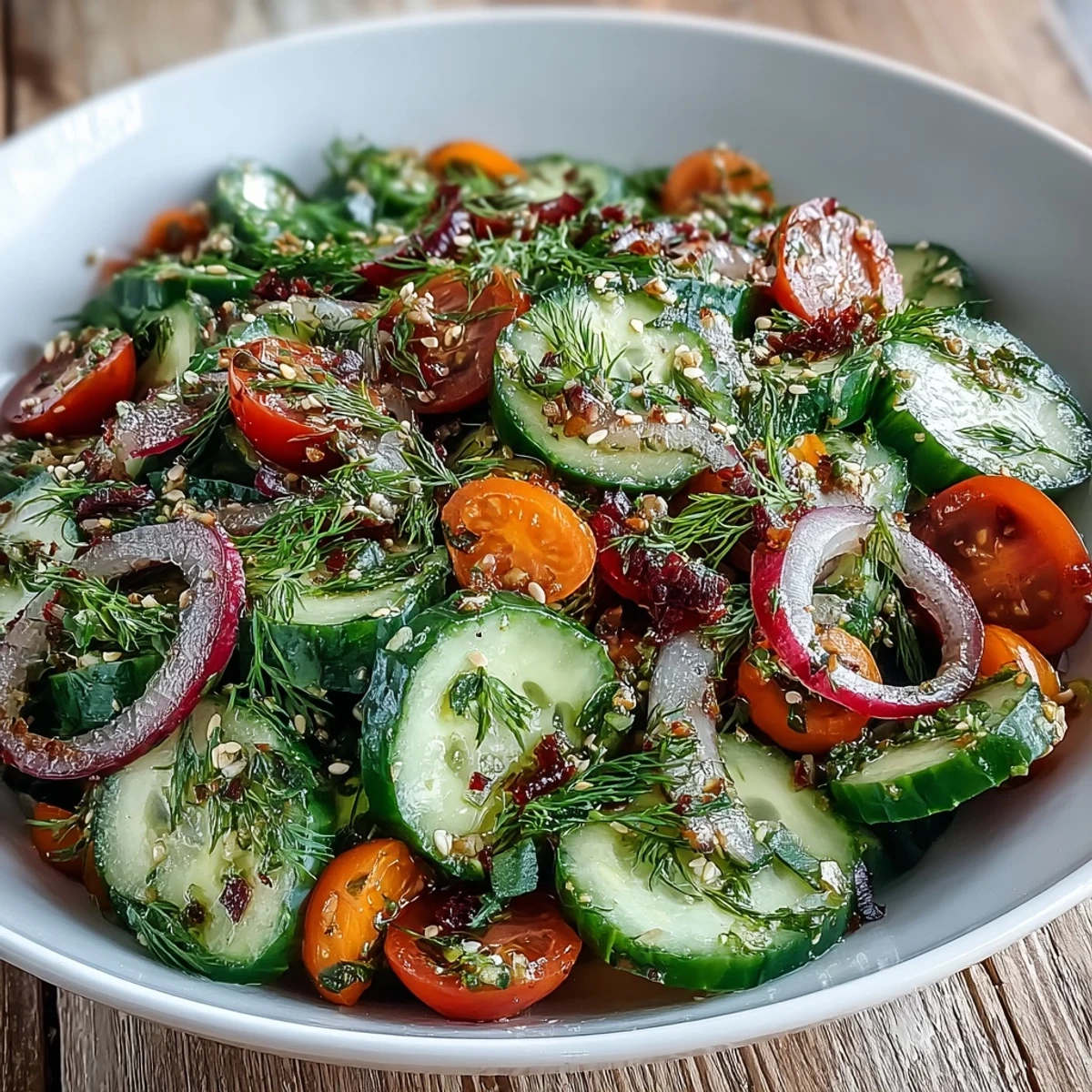 Serving suggestion of Refreshing Crunchy Cucumber Salad piled high in a glass bowl, garnished with fresh dill and toasted sesame seeds next to grilled chicken.