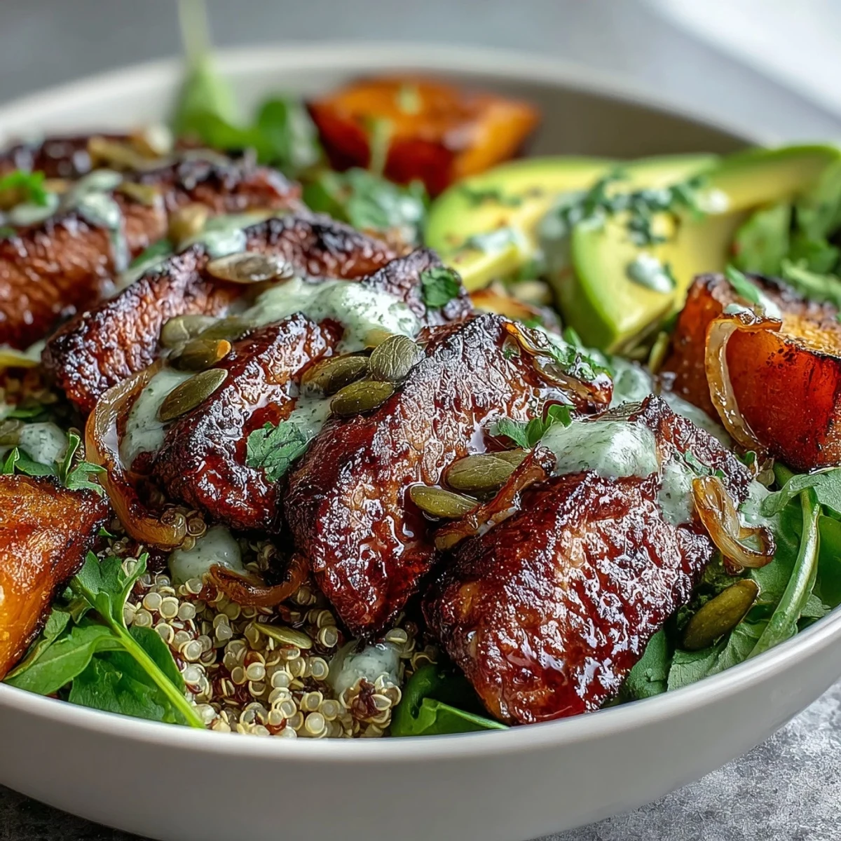 Roasted butternut squash steak bowls feature smoky sliced steak and creamy avocado over fluffy quinoa with bright lime-cilantro dressing.