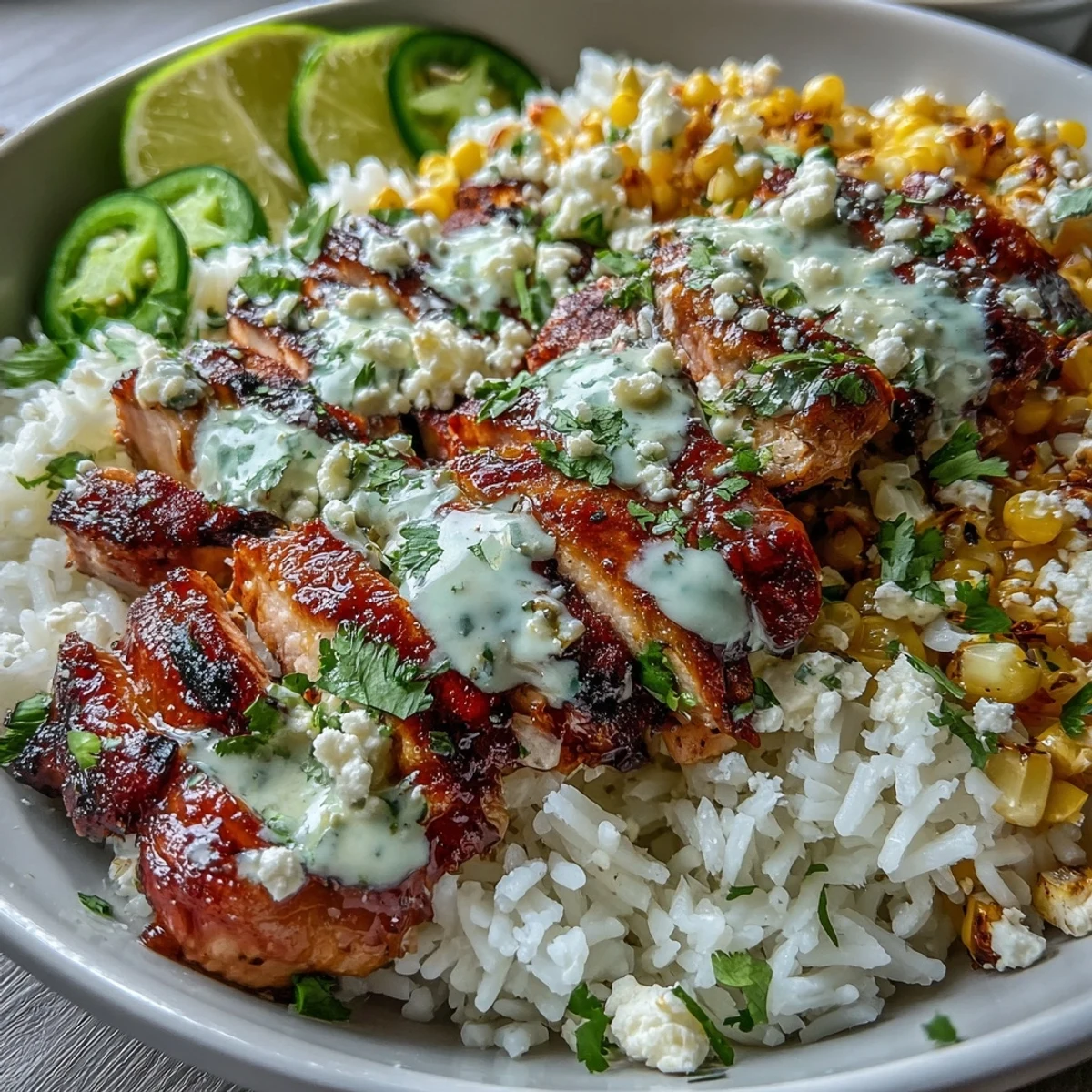 Juicy lime-marinated chicken thighs and charred corn top fluffy rice in these vibrant Street Corn Chicken and Rice Bowls, finished with creamy cotija.