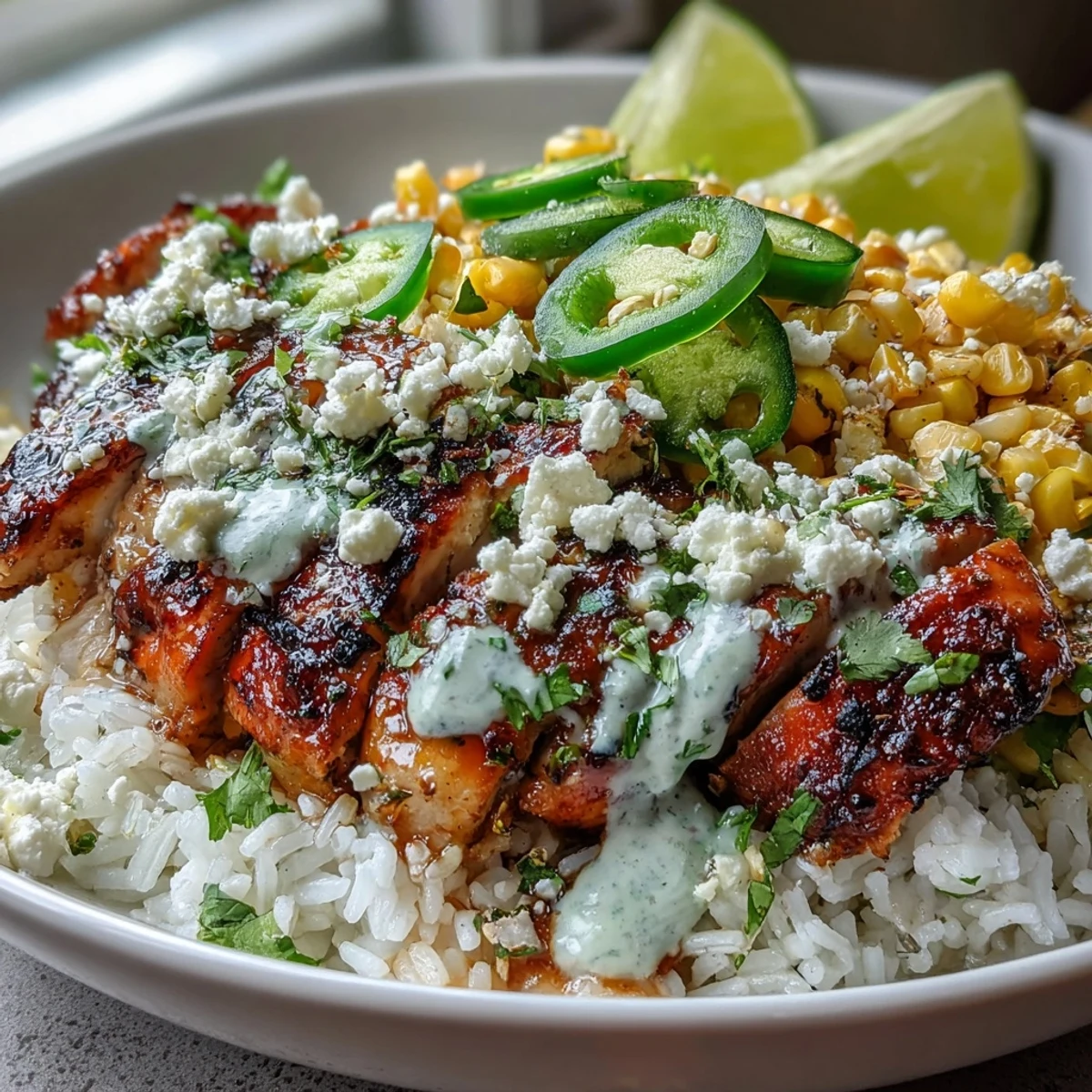 A finished bowl of Street Corn Chicken and Rice Bowls features tender sliced chicken, golden rice, smoky charred corn, and a drizzle of zesty crema.