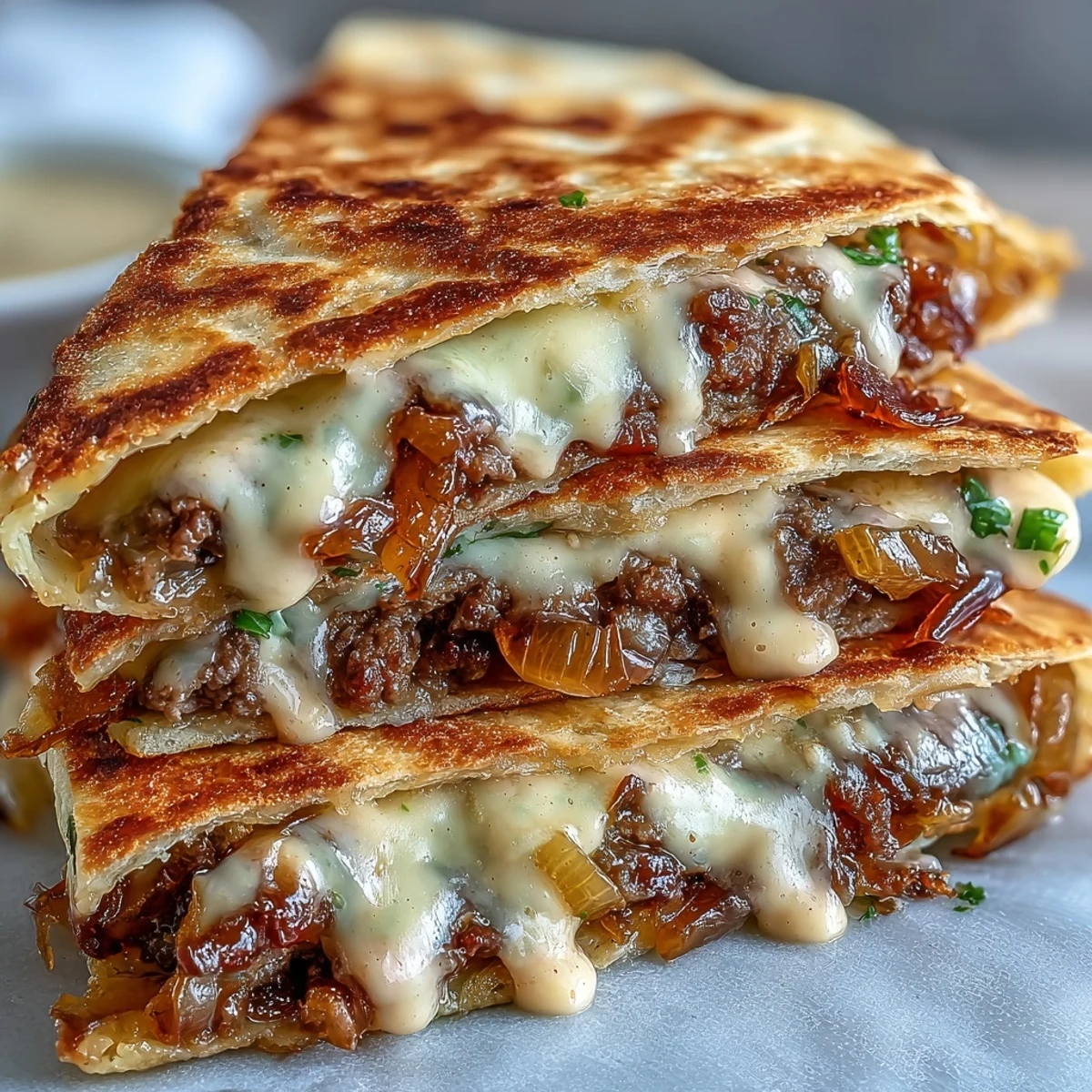 A plated serving of Cheesy Griddled Smashburger Quesadillas with mayo-mustard sauce, pickles, and fresh cilantro.