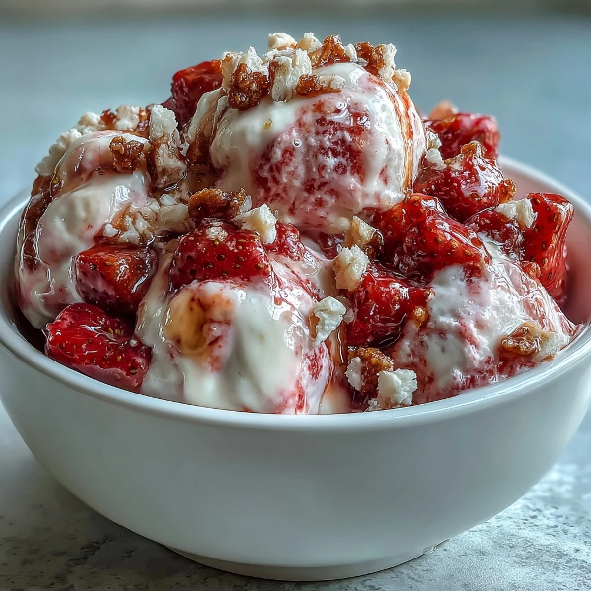A hand reaches for a creamy Strawberry & Banana Yogurt Cluster next to fresh banana slices and strawberries.