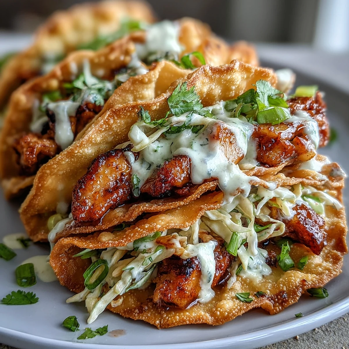 Golden brown crispy wonton taco shells filled with ginger-marinated chicken, tangy slaw, and drizzled with creamy sriracha mayo.