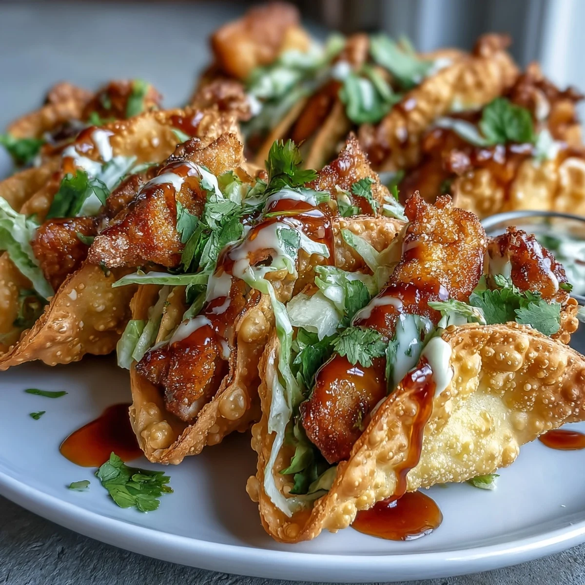 Crispy Chicken Wonton Tacos garnished with green onions and cilantro, served with lime wedges on a rustic platter.