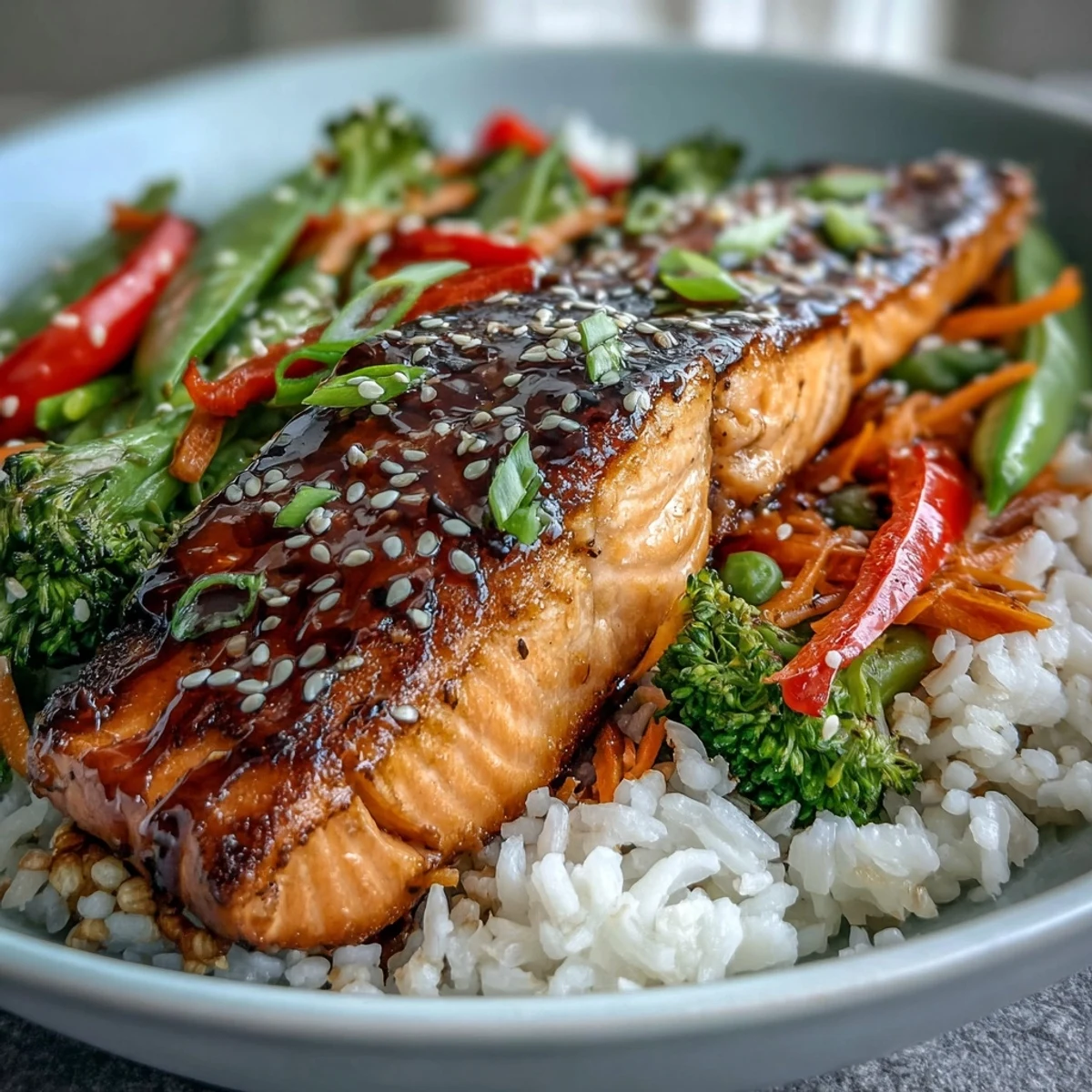 A close-up of a Teriyaki Salmon Bowl with glossy, caramelized salmon nestled in fluffy rice and vibrant stir-fried vegetables.