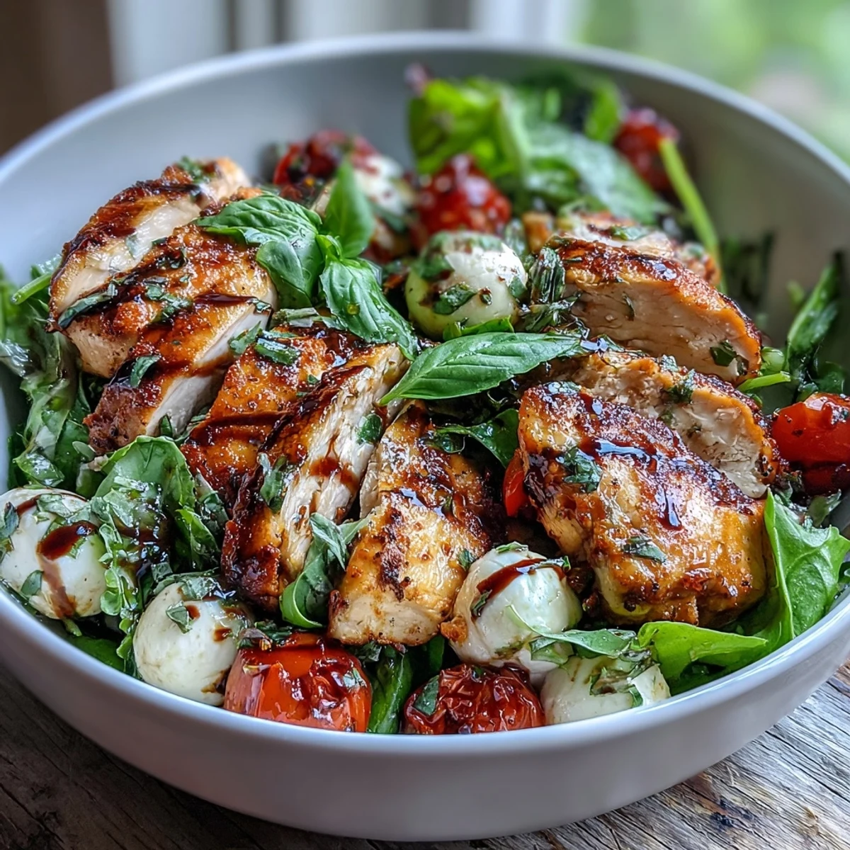 Juicy grilled Caprese Chicken Bowl with mozzarella, ripe tomatoes, and fresh basil, drizzled with tangy balsamic reduction over salad greens.