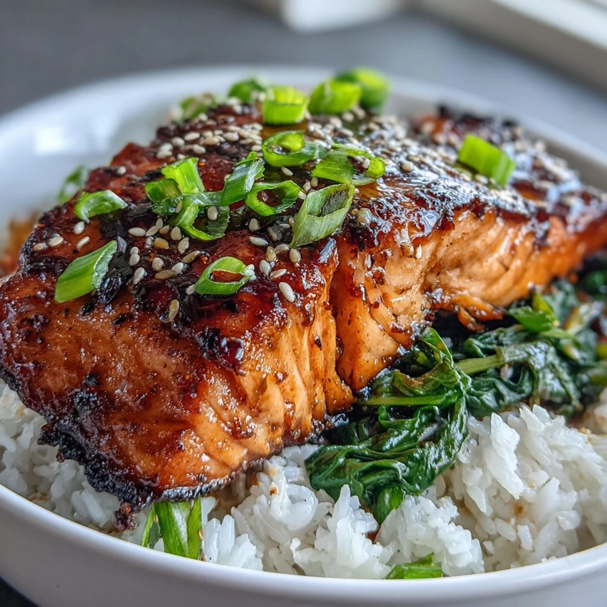 Golden-brown miso glazed salmon bowl with jasmine rice and sautéed spinach topped with green onions and sesame seeds.